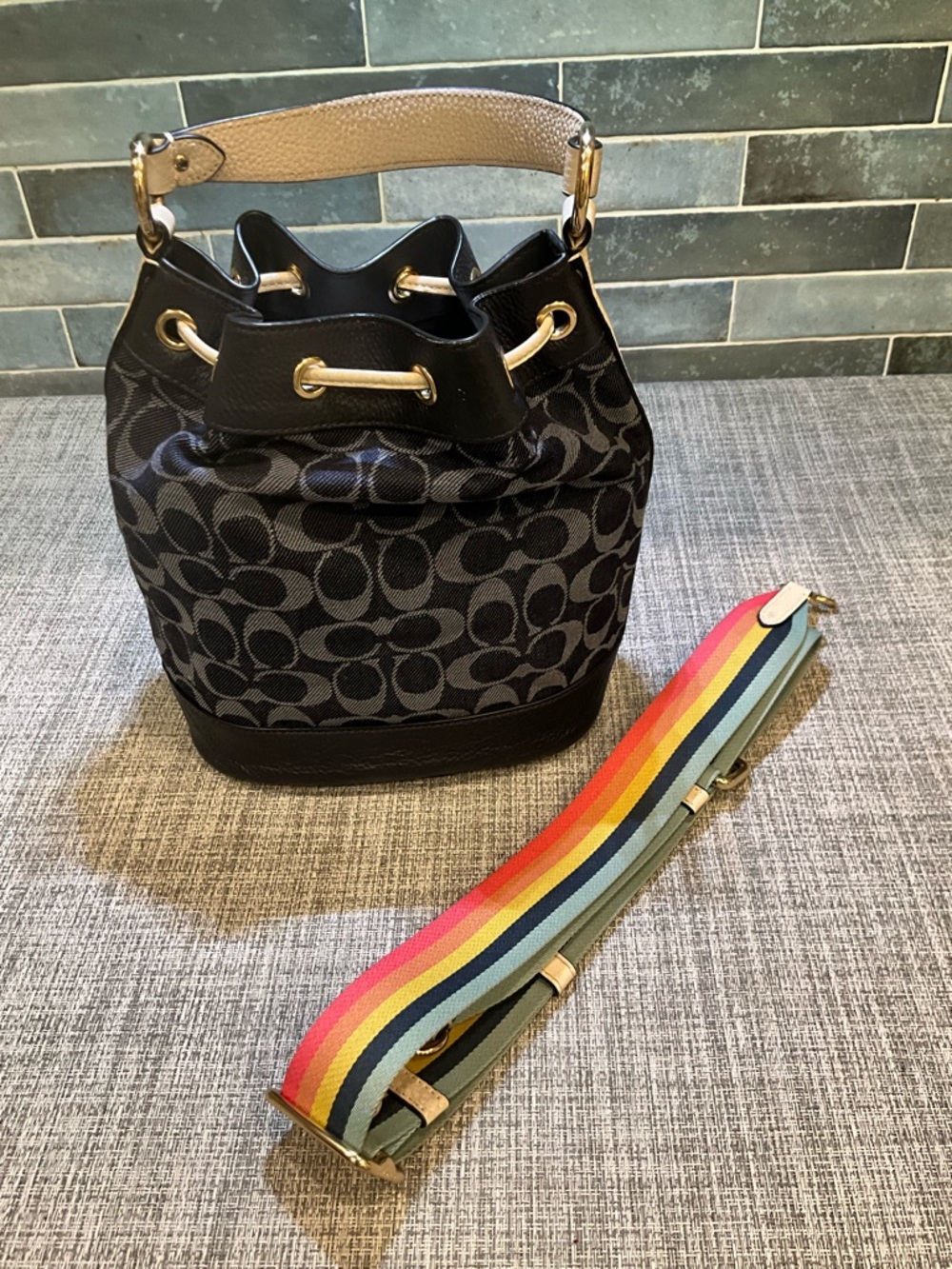 Coach Dempsey Navy Signature Bucket Bag with Tan Accents and Rainbow Strap - Picture 4 of 12